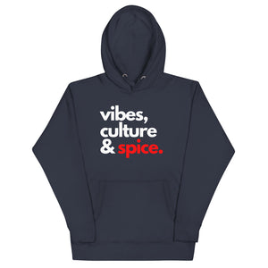 Vibes, Culture, & Spice Unisex Hoodie (White Lettering)