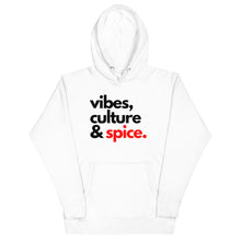 Load image into Gallery viewer, Vibes, Culture &amp; Spice Hoodie (Black Lettering)
